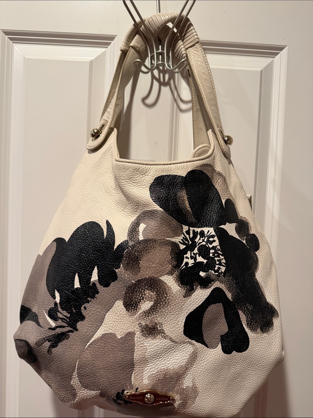 Elliott Lucca Cream Leather Shoulder Bag with Black & Gray Floral Print